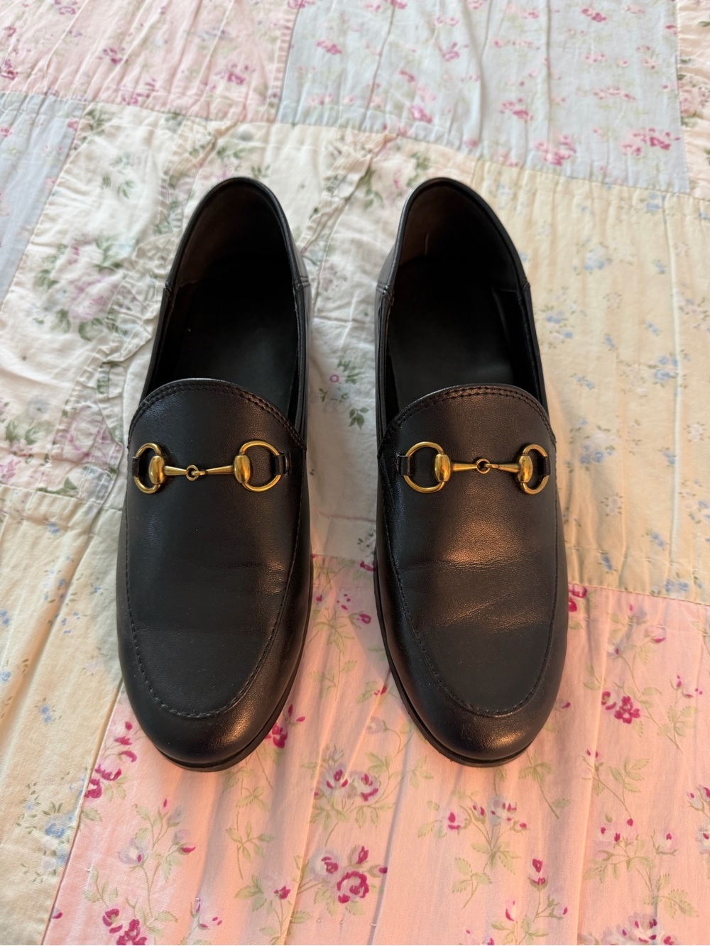 Women’s Black Leather Loafers with Gold Bit Detail